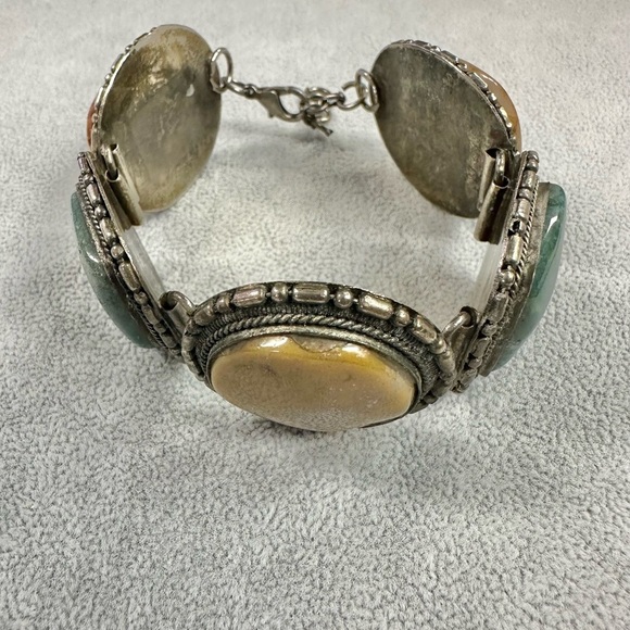 Vintage Artisan Indian Jasper Stone Silver Tone Chunky Boho Earth Tone Bracelet - Picture 5 of 8